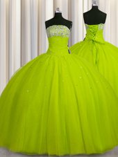 Excellent Big Puffy Yellow Green Organza Lace Up Sweet 16 Dress Sleeveless Floor Length Beading and Sequins