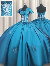 New Style Floor Length Lace Up Quinceanera Dresses Teal and In for Military Ball and Sweet 16 and Quinceanera with Beading and Appliques and Ruching
