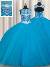 Best Scoop Floor Length Ball Gowns Sleeveless Aqua Blue Ball Gown Prom Dress Lace Up