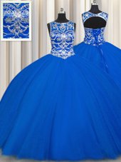Stylish Royal Blue Scoop Lace Up Beading Quinceanera Dress Sleeveless