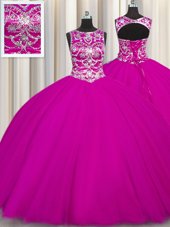 Scoop Sleeveless Quinceanera Gowns Floor Length Beading and Appliques Fuchsia Tulle