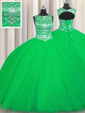 Most Popular Green Scoop Lace Up Beading Quinceanera Gown Sleeveless