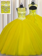 Shining Scoop Sleeveless Tulle Floor Length Lace Up Sweet 16 Dresses in Gold for with Beading