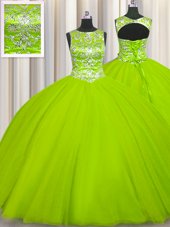 Suitable Scoop Floor Length Lace Up Quinceanera Gown Yellow Green and In for Military Ball and Sweet 16 and Quinceanera with Beading