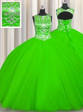 Fancy Ball Gowns Scoop Sleeveless Tulle Floor Length Lace Up Beading Quinceanera Gowns