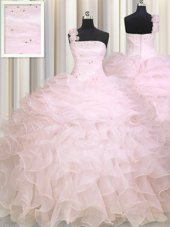 Super Baby Pink One Shoulder Zipper Beading and Ruffles 15th Birthday Dress Sleeveless