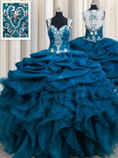 Fashion Zipple Up See Through Back Teal Quinceanera Dresses Military Ball and Sweet 16 and Quinceanera and For with Beading and Ruffles and Sequins and Pick Ups Straps Sleeveless Zipper