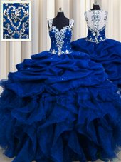 Charming Zipple Up See Through Back Royal Blue Sleeveless Floor Length Beading and Ruffles and Sequins and Pick Ups Zipper Quince Ball Gowns