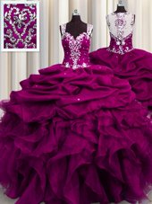 Extravagant See Through Back Fuchsia Straps Neckline Beading and Ruffles and Sequins Quince Ball Gowns Sleeveless Zipper