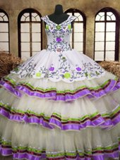 Gorgeous V-neck Sleeveless Quinceanera Gown Floor Length Embroidery and Ruffled Layers Multi-color Organza