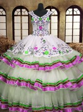 Custom Design Multi-color A-line Embroidery and Ruffled Layers 15th Birthday Dress Lace Up Organza Sleeveless Floor Length
