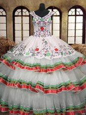 Classical Embroidery Ruffled Layers V-neck Sleeveless Lace Up Vestidos de Quinceanera Multi-color Organza