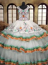 Attractive Multi-color Sleeveless Floor Length Embroidery and Ruffled Layers Lace Up Quinceanera Gowns