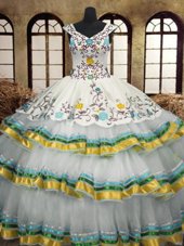 Ideal Multi-color A-line Organza V-neck Sleeveless Embroidery and Ruffled Layers Floor Length Lace Up Ball Gown Prom Dress