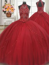 Beauteous Halter Top Sleeveless Tulle Court Train Lace Up Quince Ball Gowns in Red for with Beading and Appliques