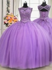 Popular See Through Lavender Ball Gowns Scoop Sleeveless Tulle Floor Length Lace Up Beading and Appliques Sweet 16 Dress