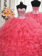 Charming Beaded Bodice Coral Red Ball Gowns Beading and Ruffles Quinceanera Dresses Lace Up Organza Sleeveless Floor Length