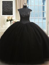 Modern High Neck Black Tulle Zipper Quinceanera Gown Cap Sleeves Floor Length Beading