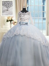 Glamorous Scalloped Light Blue Quinceanera Dress Tulle Brush Train Half Sleeves Beading and Lace and Bowknot