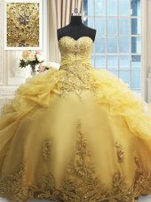 Sweet Floor Length Lace Up 15 Quinceanera Dress Yellow and In for Military Ball and Sweet 16 and Quinceanera with Beading and Appliques and Ruffles