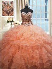 On Sale Beaded Bodice Peach Sweetheart Lace Up Beading and Ruffles Quinceanera Gown Sleeveless