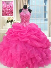 Eye-catching See Through Beaded Bodice Organza Sleeveless Floor Length Sweet 16 Quinceanera Dress and Beading and Ruffles and Pick Ups