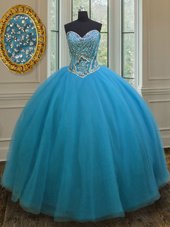 Deluxe Sweetheart Sleeveless Lace Up Quinceanera Gown Teal Tulle