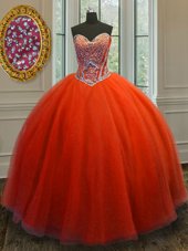 Orange Ball Gowns Sweetheart Sleeveless Tulle Floor Length Lace Up Beading Sweet 16 Quinceanera Dress