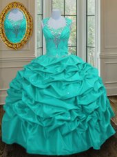 Chic Pick Ups Ball Gowns Quinceanera Dress Aqua Blue Straps Taffeta Sleeveless Floor Length Lace Up