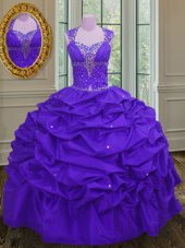 Charming Eggplant Purple Taffeta Lace Up Straps Sleeveless Floor Length Ball Gown Prom Dress Beading and Pick Ups