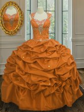 Fancy Straps Straps Floor Length Lace Up Quinceanera Gown Orange and In for Military Ball and Sweet 16 and Quinceanera with Beading and Pick Ups