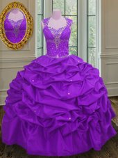 Chic Straps Straps Floor Length Purple 15th Birthday Dress Taffeta Sleeveless Beading and Pick Ups