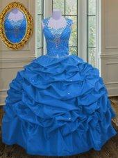 High End Blue Taffeta Lace Up Straps Sleeveless Floor Length Quinceanera Gown Beading and Pick Ups