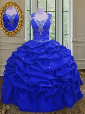 Royal Blue Taffeta Lace Up Straps Sleeveless Floor Length Quinceanera Gowns Beading and Pick Ups