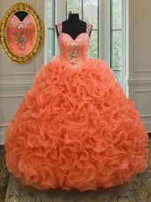 Shining Orange Ball Gown Prom Dress Military Ball and Sweet 16 and Quinceanera and For with Beading and Ruffles Straps Sleeveless Zipper
