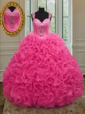 Fashion Straps Sleeveless Quinceanera Dress Floor Length Beading and Ruffles Hot Pink Organza