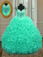 Apple Green Ball Gowns Organza Straps Sleeveless Beading and Ruffles Floor Length Zipper Quinceanera Dresses