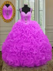 Straps Sleeveless Lace Up Quince Ball Gowns Fuchsia Organza