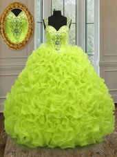 Traditional Straps Sleeveless Quinceanera Gown Floor Length Beading and Ruffles Yellow Green Organza
