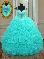 Enchanting Straps Straps Sleeveless Floor Length Beading and Ruffles Zipper 15 Quinceanera Dress with Aqua Blue