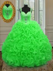 Fancy Straps Straps Organza Zipper 15th Birthday Dress Sleeveless Floor Length Beading and Ruffles