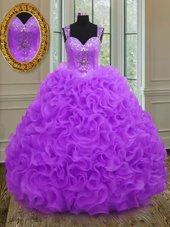 Straps Straps Sleeveless Floor Length Beading and Ruffles Zipper Sweet 16 Quinceanera Dress with Purple