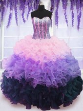 Sumptuous Sleeveless Lace Up Floor Length Beading and Ruffles and Ruffled Layers Quinceanera Gown