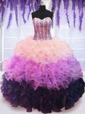 Great Sweetheart Sleeveless Organza Quinceanera Gowns Beading and Ruffles and Ruffled Layers Lace Up