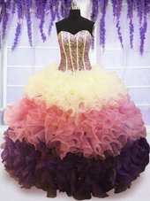 Custom Design Sweetheart Sleeveless Organza Sweet 16 Dresses Beading and Ruffles and Ruffled Layers Lace Up