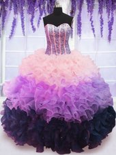 Elegant Sleeveless Lace Up Floor Length Beading and Ruffles and Ruffled Layers Ball Gown Prom Dress