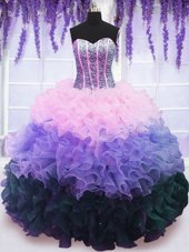 Custom Fit Multi-color Sleeveless Floor Length Beading and Ruffles and Ruffled Layers Lace Up 15th Birthday Dress