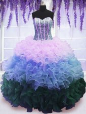 Wonderful Multi-color Ball Gowns Beading and Ruffles and Ruffled Layers Vestidos de Quinceanera Lace Up Organza Sleeveless Floor Length