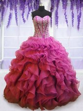 Hot Sale Sweetheart Sleeveless Organza Ball Gown Prom Dress Beading and Ruffles Lace Up