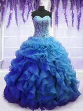 Classical Blue Organza Lace Up 15th Birthday Dress Sleeveless Floor Length Beading and Ruffles